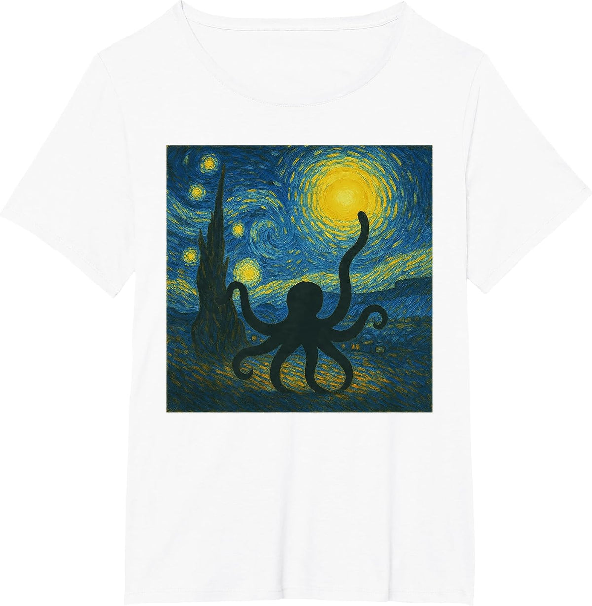 Starry Night Van Gogh Squid Vintage Octopus Funny Graphic T-Shirt - White