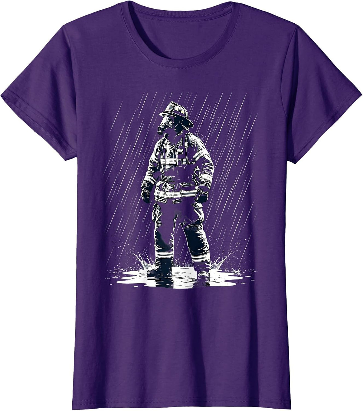 Women's Firefighter in Full Gear Standing in Heavy Rain T-Shirt - Purple