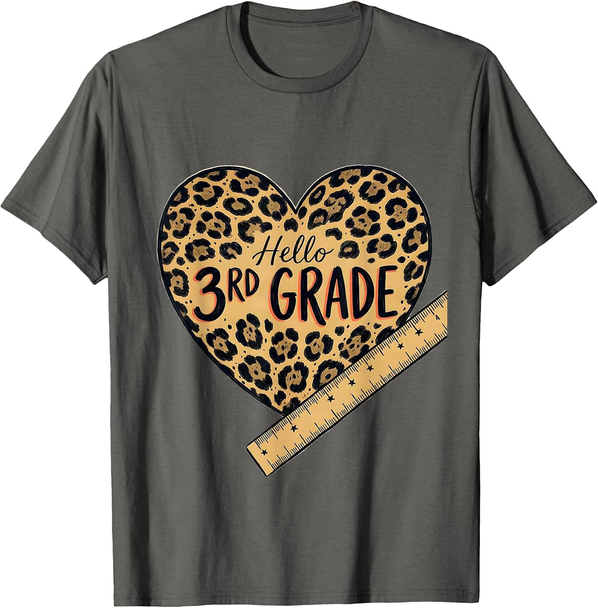Hello 3rd Grade Leopard Heart Back To School Girls Teachers T-Shirt - Asphalt Grey