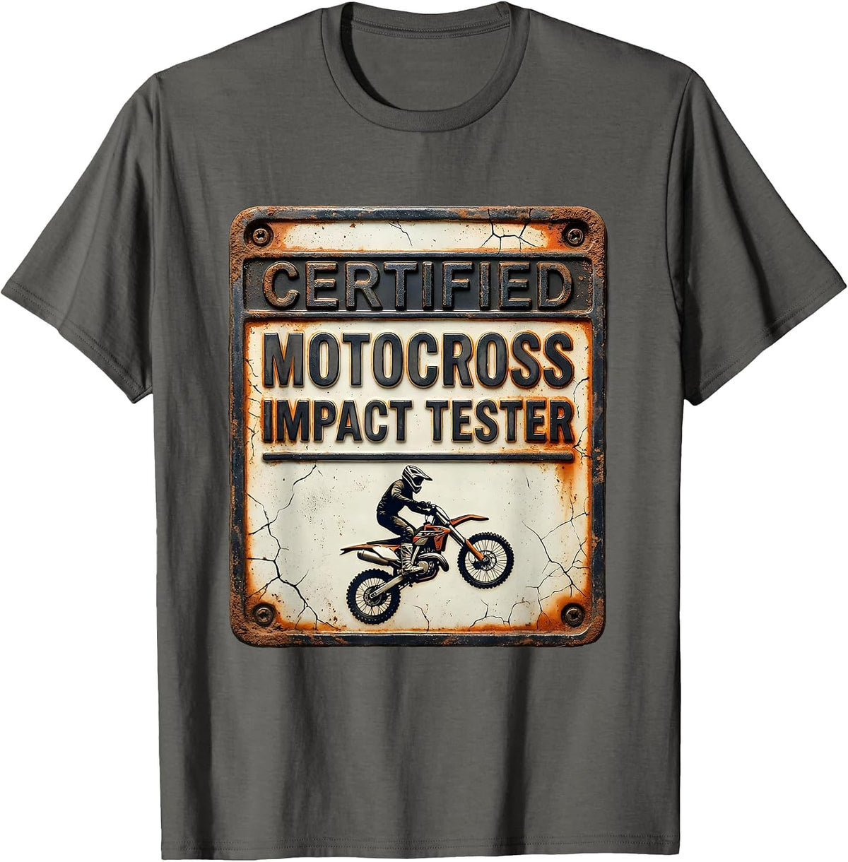 Men's Certified Motocross Impact Tester Distressed Dirt Bike Humor T-Shirt - Asphalt Grey
