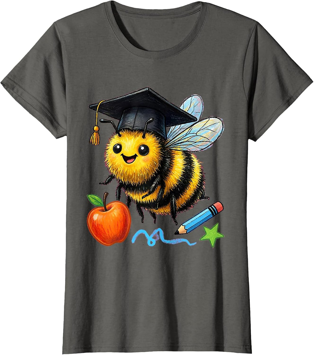 Women's Third Grade Teacher Spelling Bee Mortarboard Graphic T-Shirt - Asphalt Grey