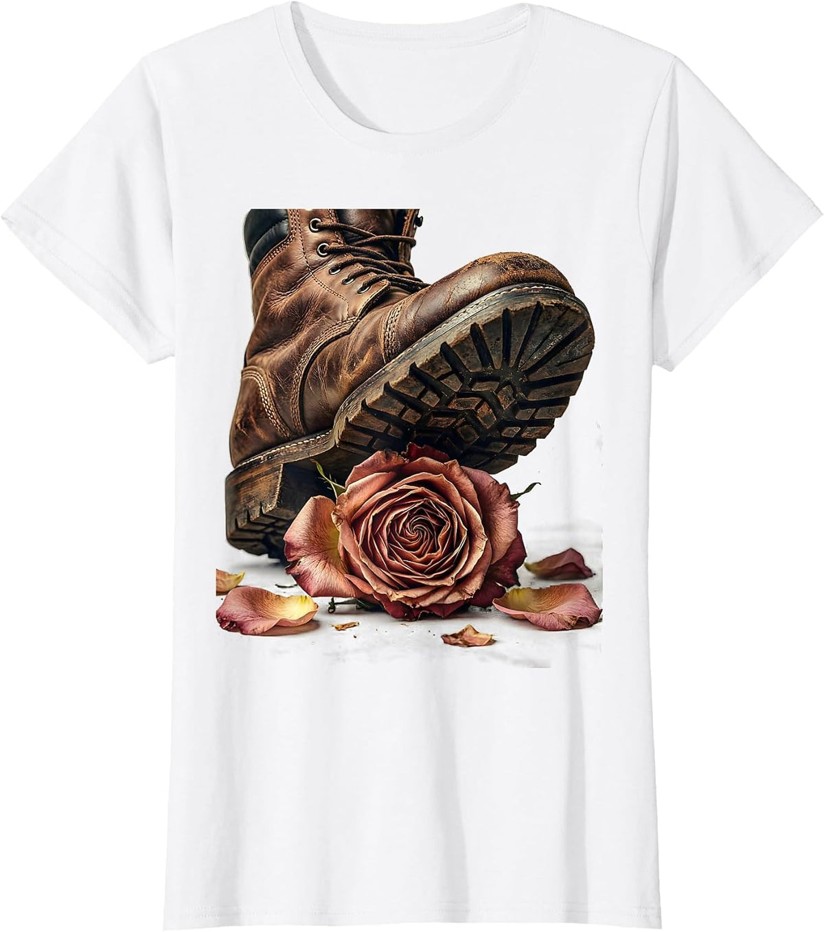 Grunge Boot Crushing Rose Graphic Design T-Shirt - White