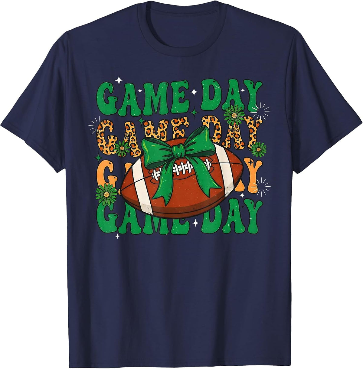 Green Leopard Game Day Football Bow Touchdown Season T-Shirt - Navy Blue