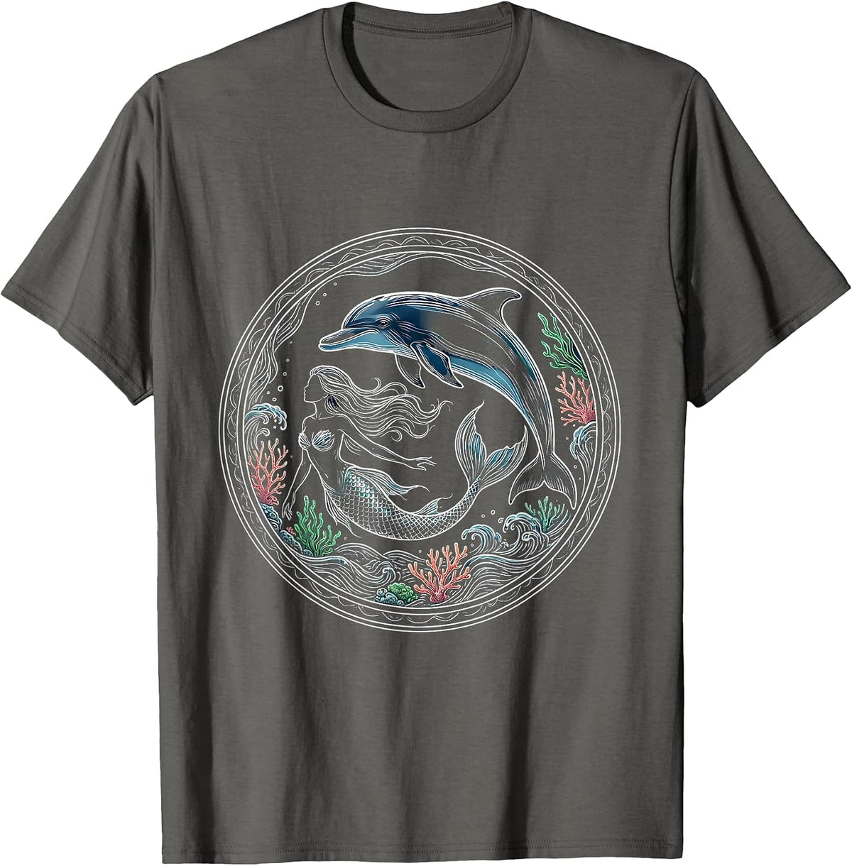 Mermaid and Dolphin Ocean Swimming Illustration T-Shirt - Asphalt Grey
