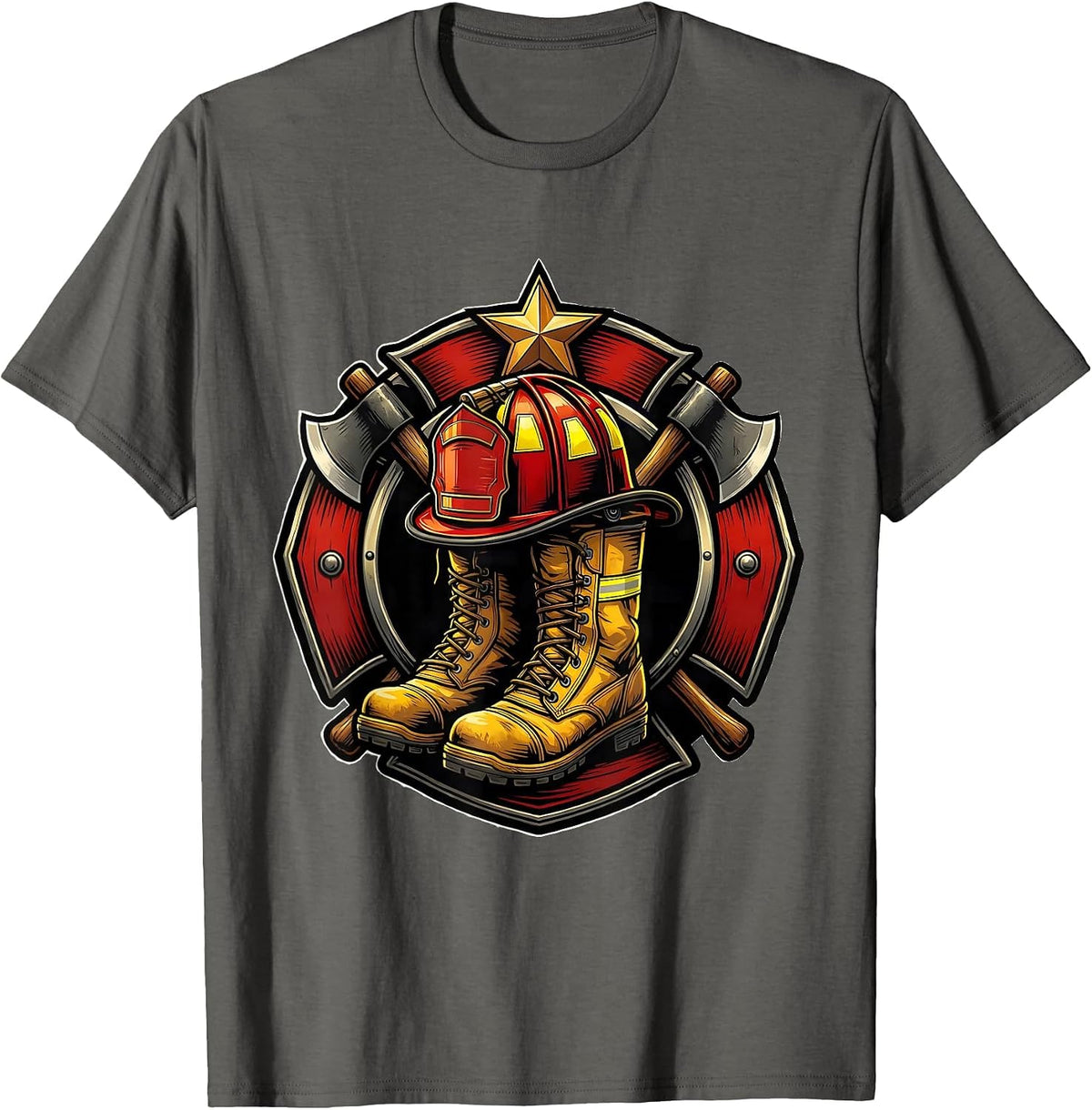 Firefighter Helmet and Boots Memorial Tribute Graphic T-Shirt - Asphalt Grey