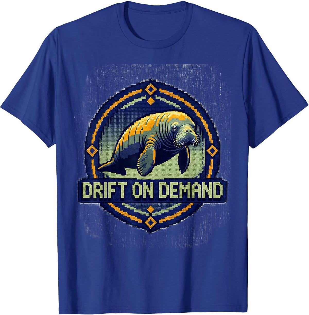 Men's Drift On Demand Cross Stitch Sampler Manatee Lover Humor T-Shirt - Royal Blue