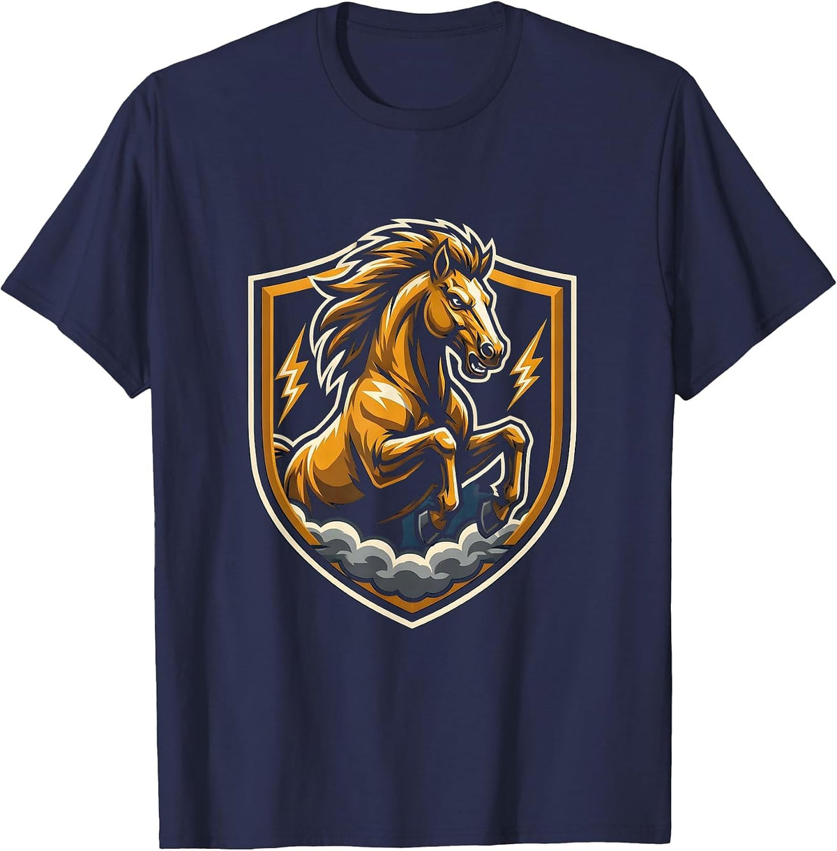 Horse Charging Through Lightning Storm Graphic T-Shirt - Navy Blue