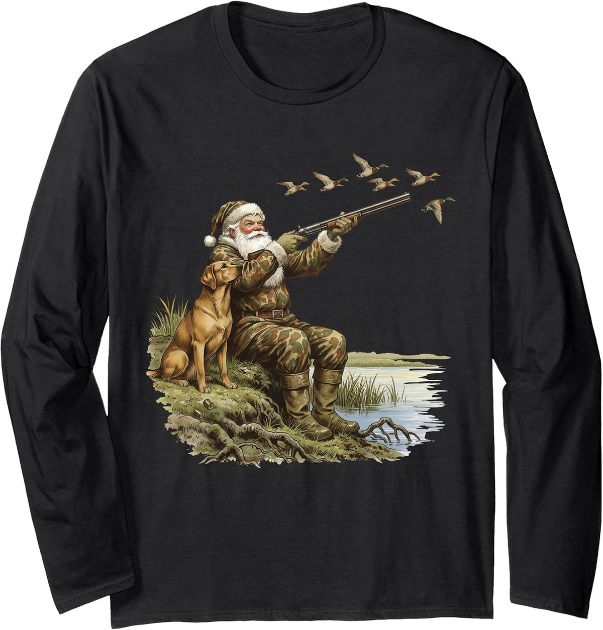 Camo Santa Mallard Duck Hunting Camouflage Christmas Hunter Long Sleeve T-Shirt - Adult Unisex Black