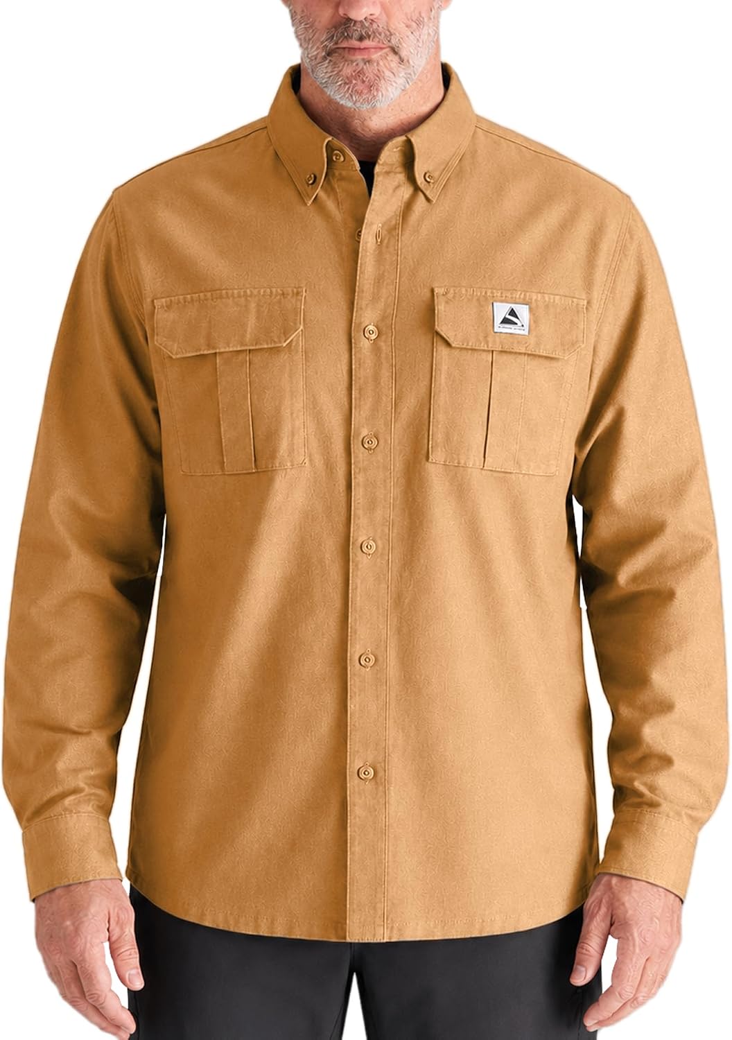 CHRONOLINE Mens Button Down Shirt Long Sleeve Cotton Canvas Workwear - Camel Brown