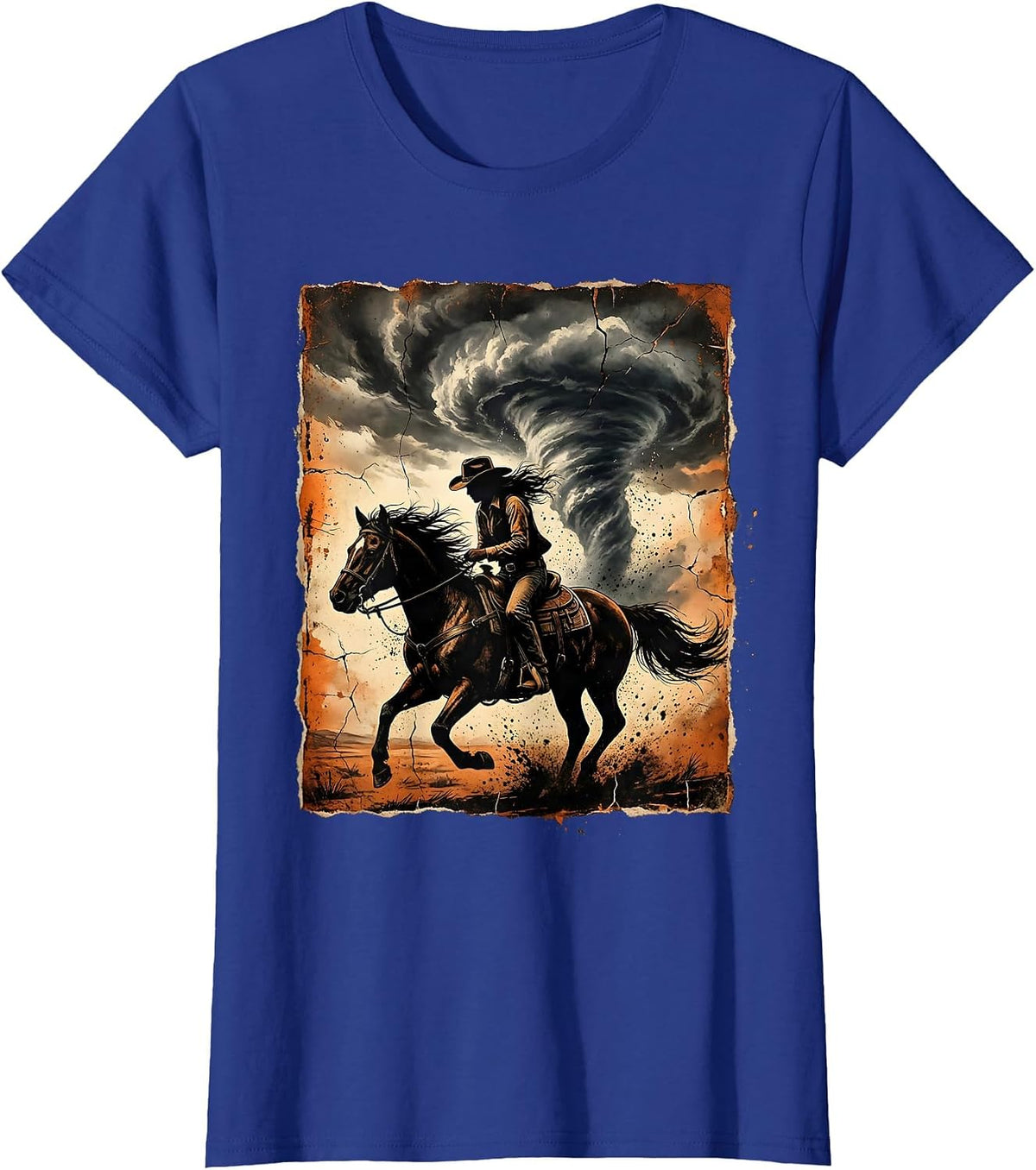 Women's Cowgirl Silhouette Riding Into Storm Clouds T-Shirt - Royal Blue