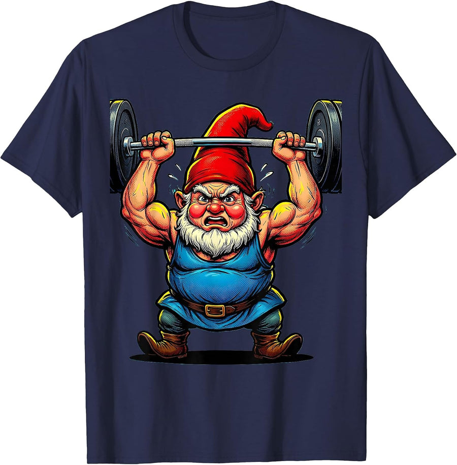 Funny Garden Gnome Weightlifting Graphic Tee T-Shirt - Navy Blue