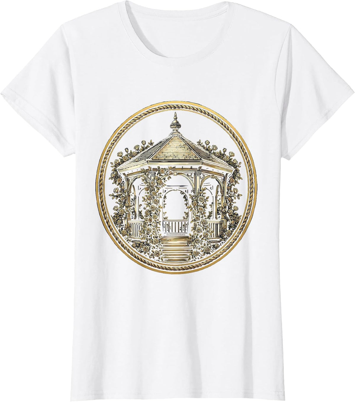 Park Gazebo Climbing Roses Floral Garden Illustration T-Shirt - White
