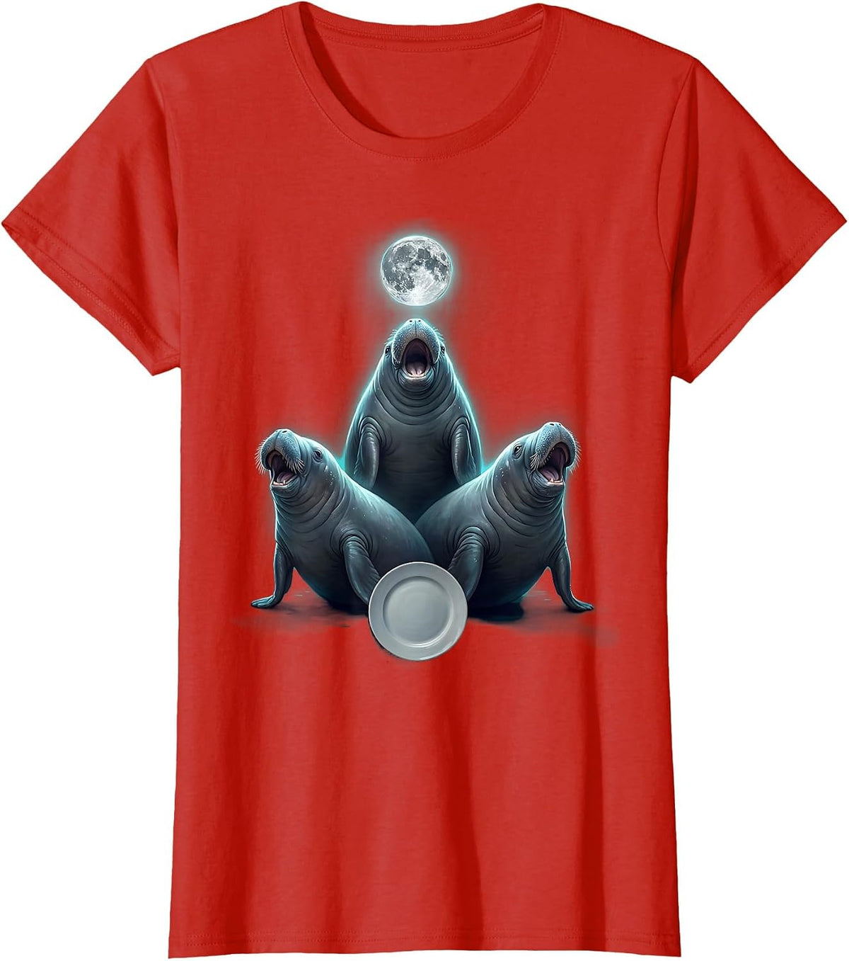 Women's Three Manatee Moon Howling Funny Animal Meme Parody T-Shirt - Red