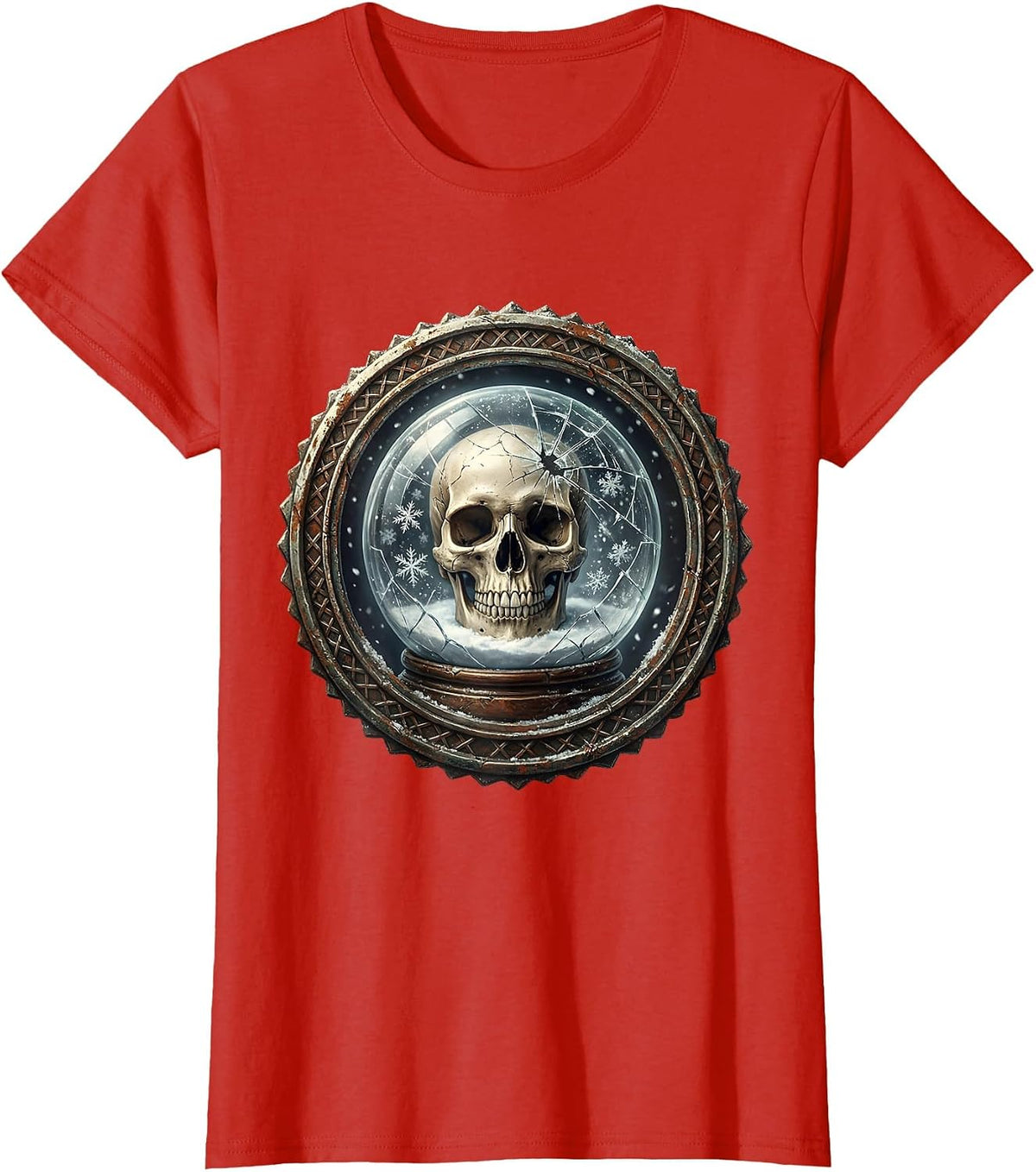 Grunge Skull Cracked Snow Globe Graphic T-Shirt - Red