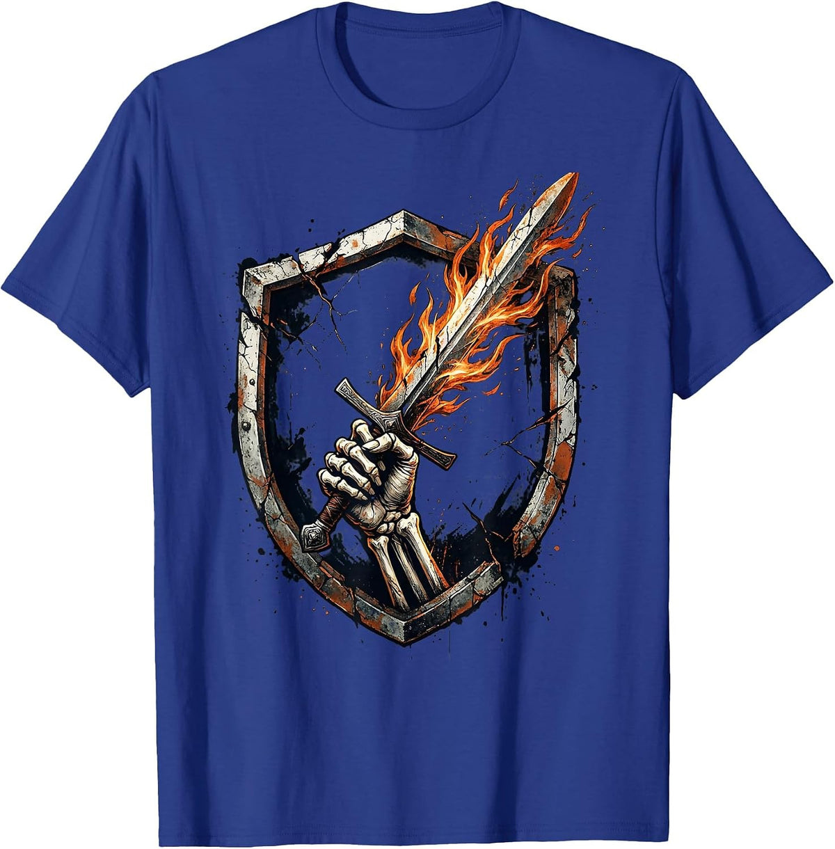 Skeleton Hand Flaming Sword Dark Fantasy Graphic T-Shirt - Royal Blue