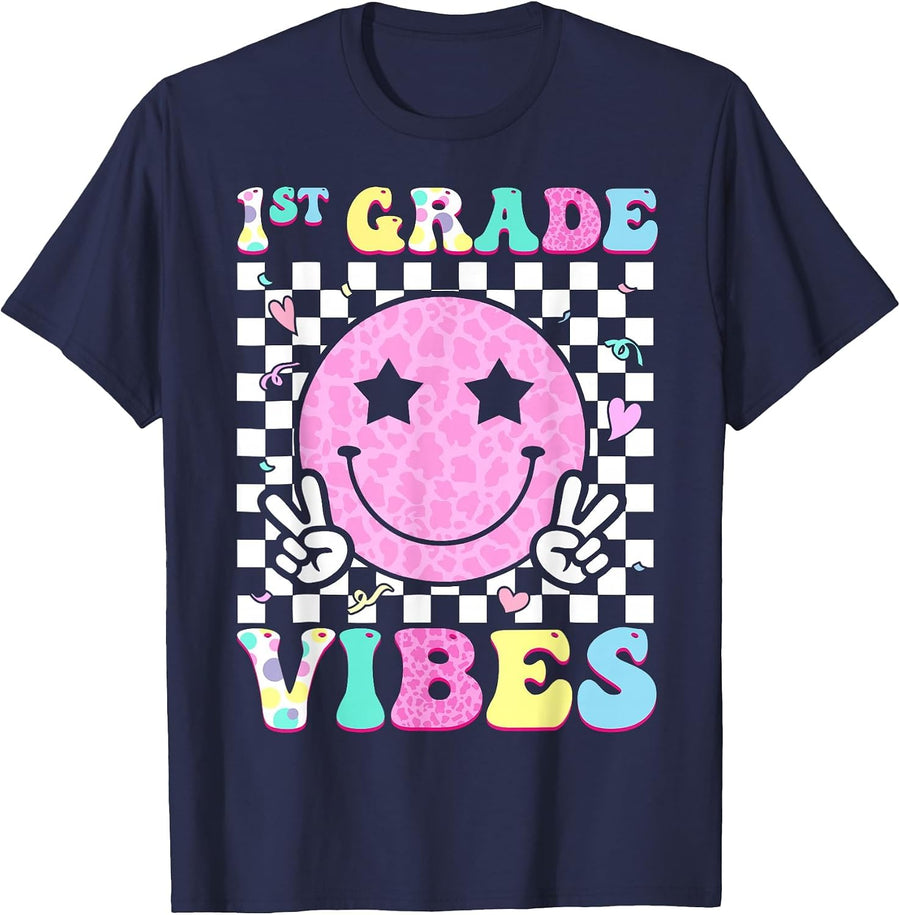 1st Grade Vibes Groovy Back to School First Grade Girls Kids T-Shirt - Navy Blue