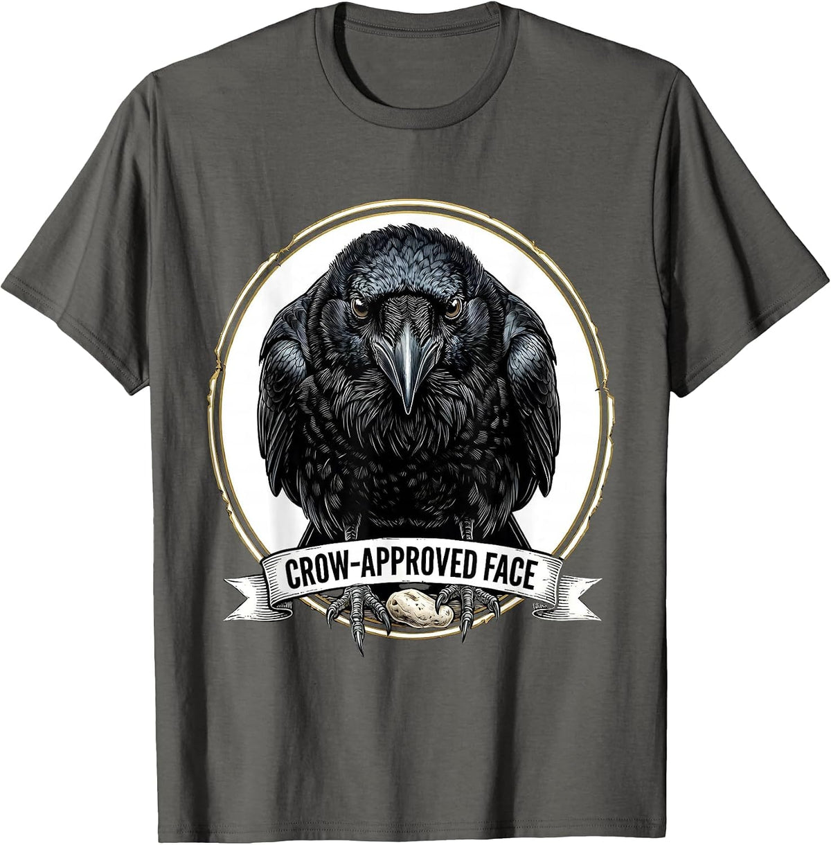 Men's Crow-Approved Face Dark Humor Gothic Bird Lover Emblem T-Shirt - Asphalt Grey