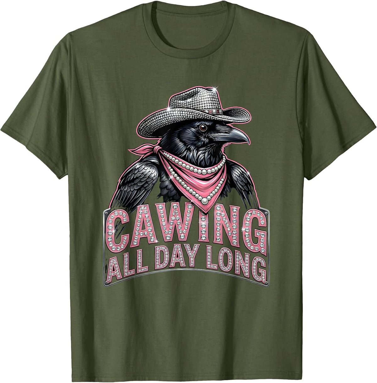 Men's Cawing All Day Long Crow Bird Design T-Shirt - Olive Green