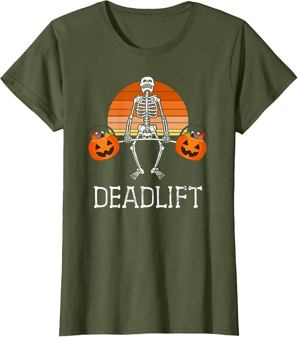 Deadlift Funny Halloween Skeleton Candy Buckets Gym Workout T-Shirt - Olive Green
