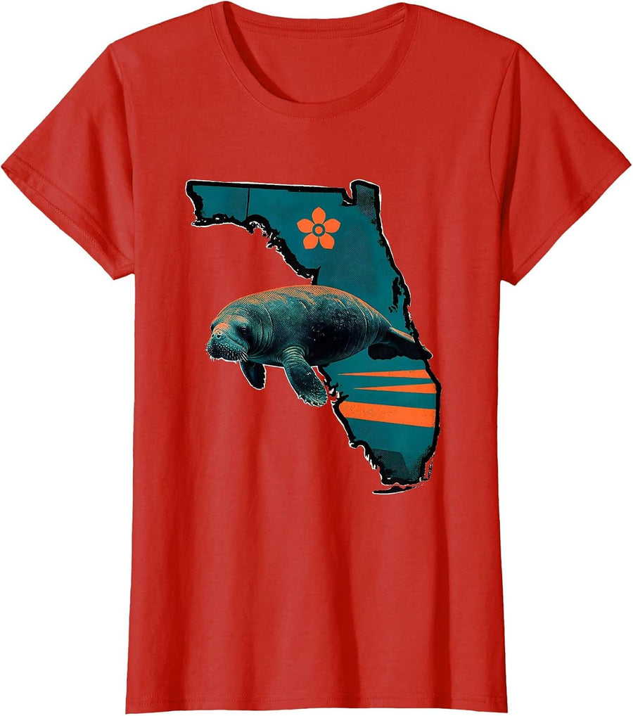 Women's Florida Peninsula Manatee Vintage Beach Retro Pride T-Shirt - Red