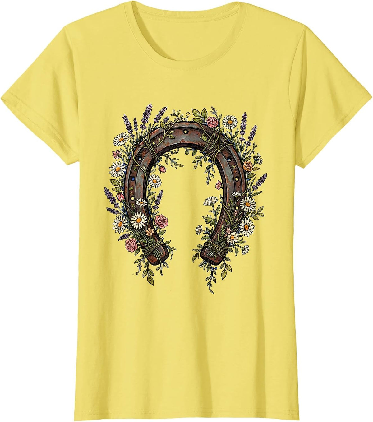 Horseshoe Wildflower Garland Cowgirl Design T-Shirt - Lemon Yellow