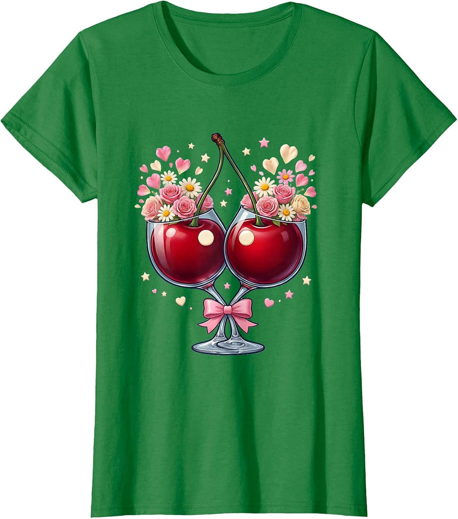 Women's Gigi Champagne Glass Overflowing With Flowers T-Shirt - Kelly Green