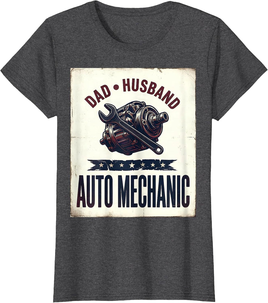 Women's Dad Husband Auto Mechanic Vintage Patriotic Flag Mechanic T-Shirt - Dark Heather Grey