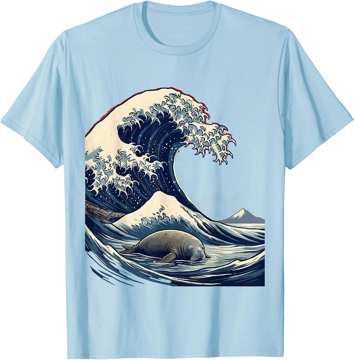 Men's Great Wave Manatee Japanese Art Animal Meme Humor T-Shirt - Baby Blue