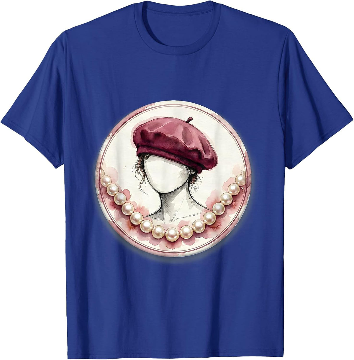 Gigi Chic Beret and Pearl Necklace Illustration T-Shirt - Royal Blue