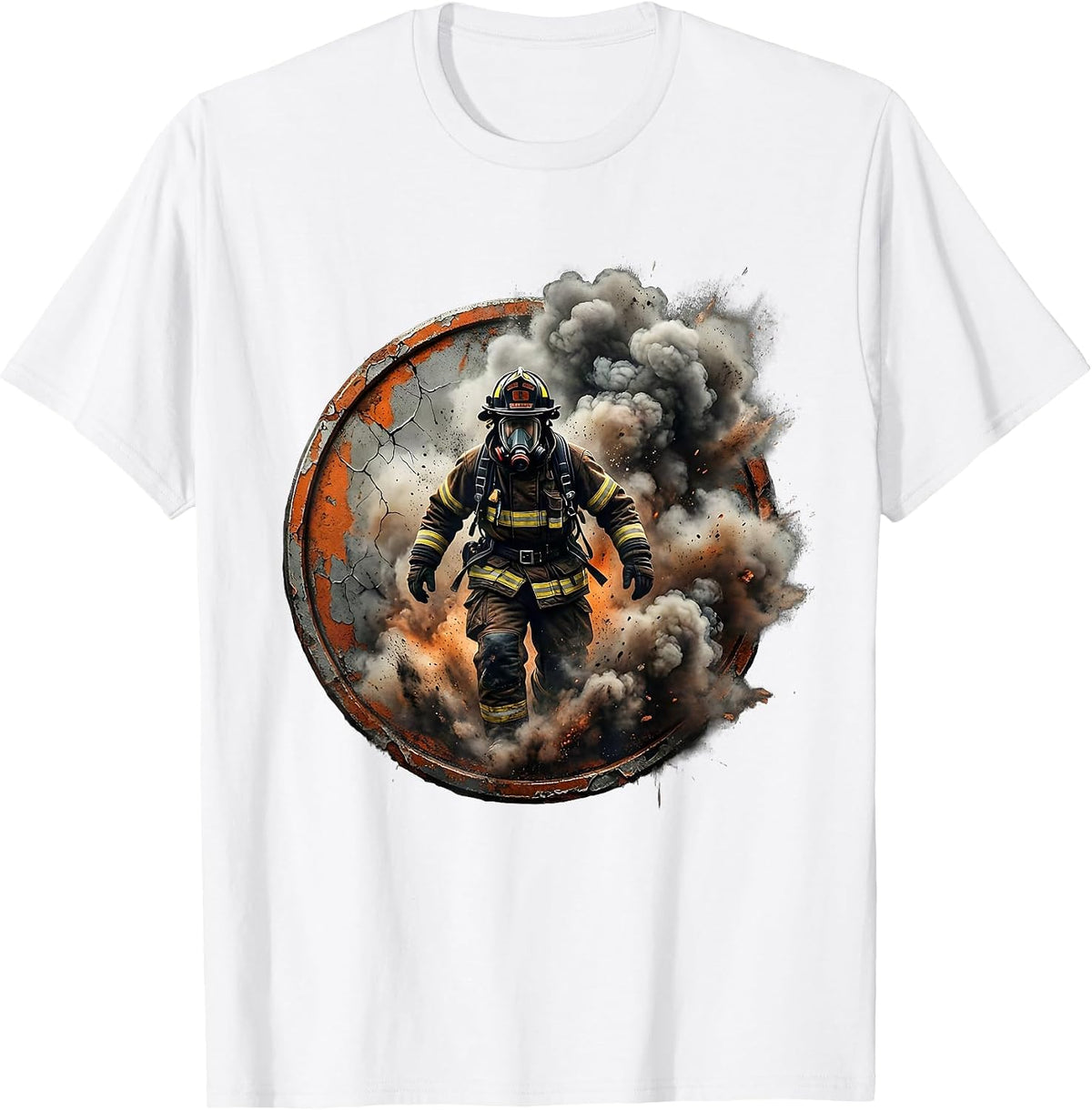 Firefighter Emerging From Smoke and Ash Graphic T-Shirt - White