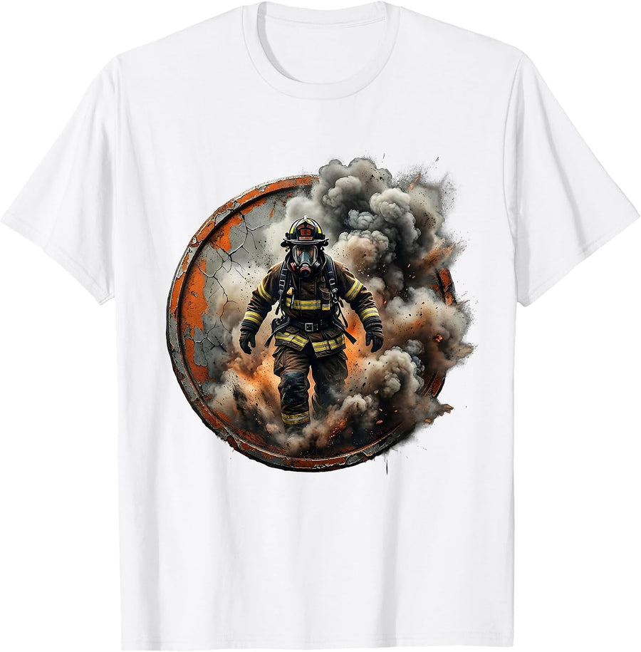 Firefighter Emerging From Smoke and Ash Graphic T-Shirt - White