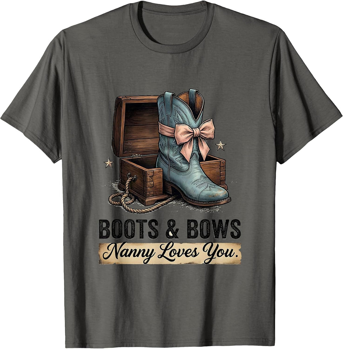 Boots & Bows Nanny Loves You Distressed Western Gender T-Shirt - Asphalt Grey