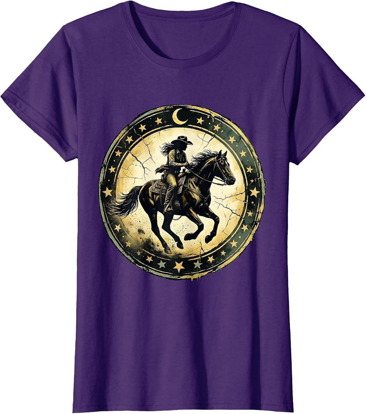 Women's Cowgirl Riding Horse Under Starry Night Sky T-Shirt - Purple