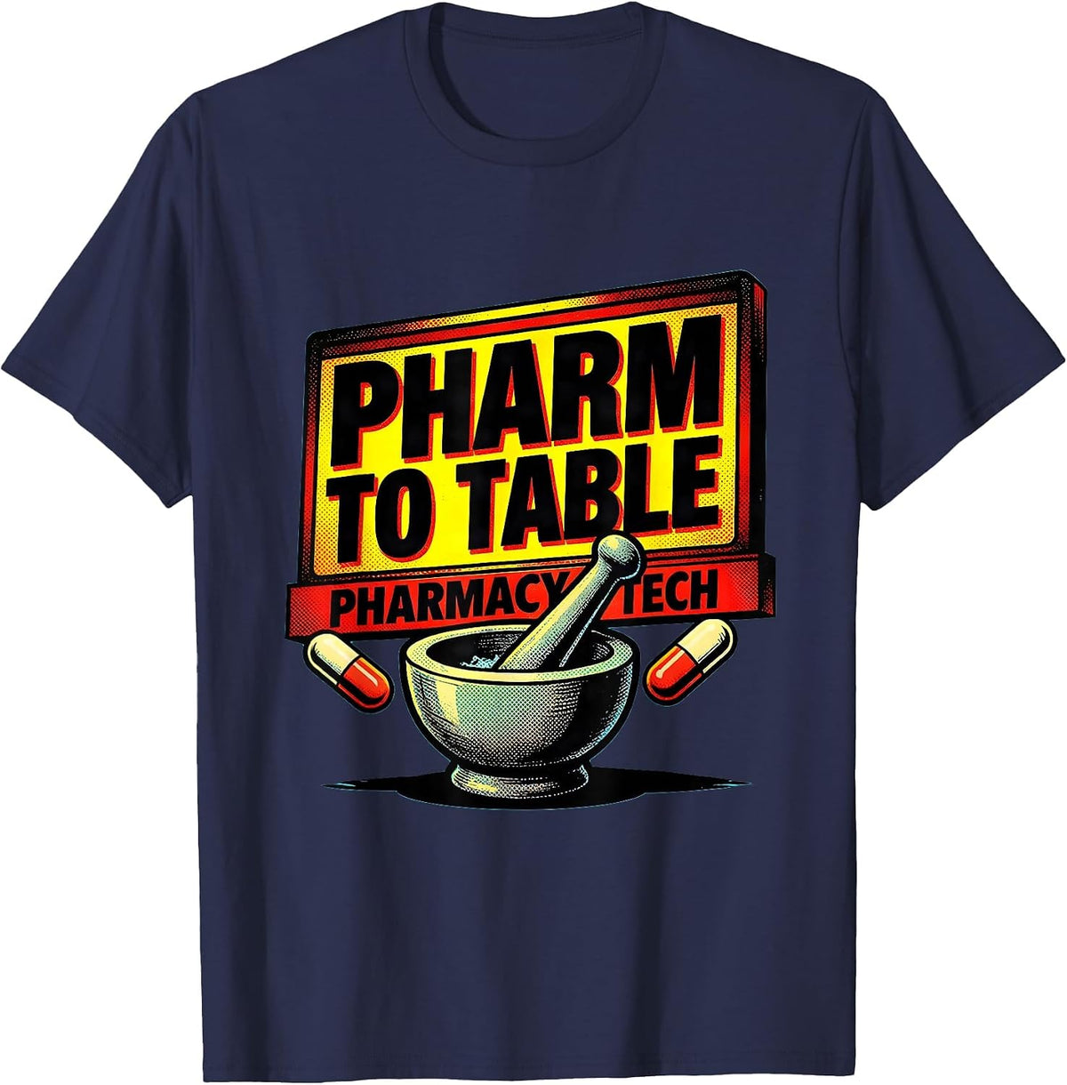 Pharm To Table Pharmacy Tech Pop Art Pharmacy Crew Halloween T-Shirt - Navy Blue