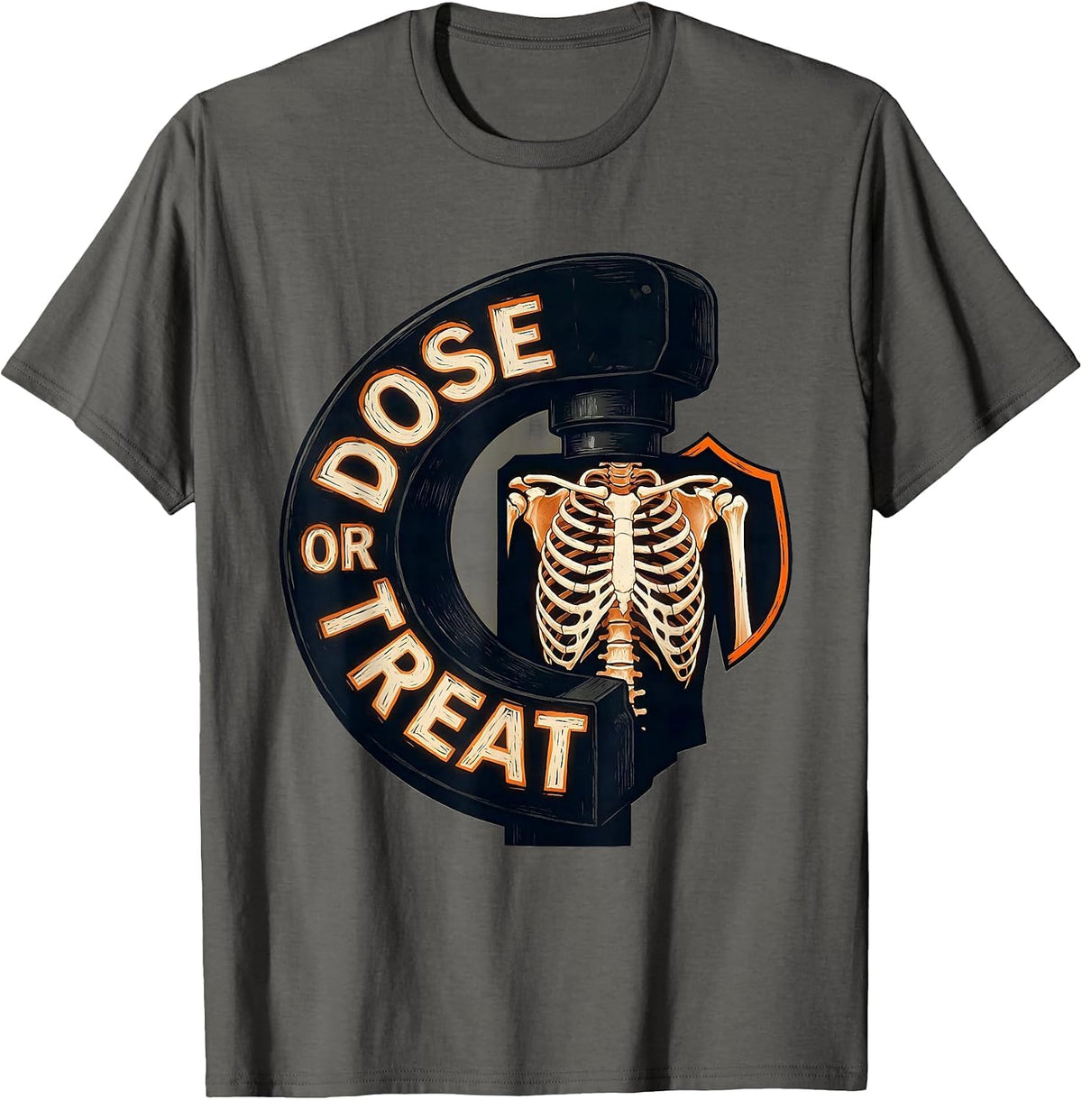 Dose Or Treat Linocut Radiology Tech Halloween Workplace T-Shirt - Asphalt Grey