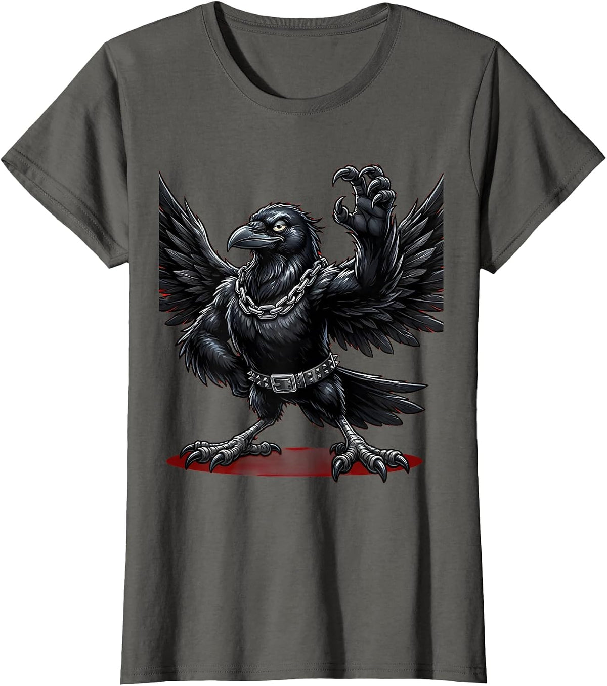 Women's Rebellious Crow Chains and Studded Belt Graphic T-Shirt - Asphalt Grey