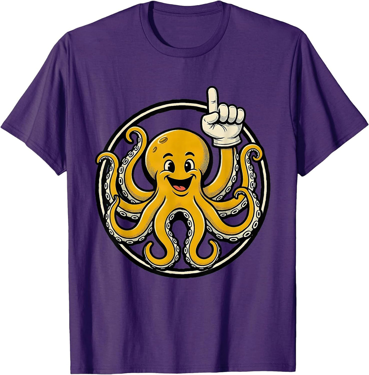 Men's Octopus Badge Retro Cartoon Ocean Animal Lover T-Shirt - Purple
