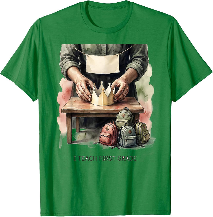 Men's I Teach First Grade Watercolor Teacher Appreciation Back T-Shirt - Kelly Green