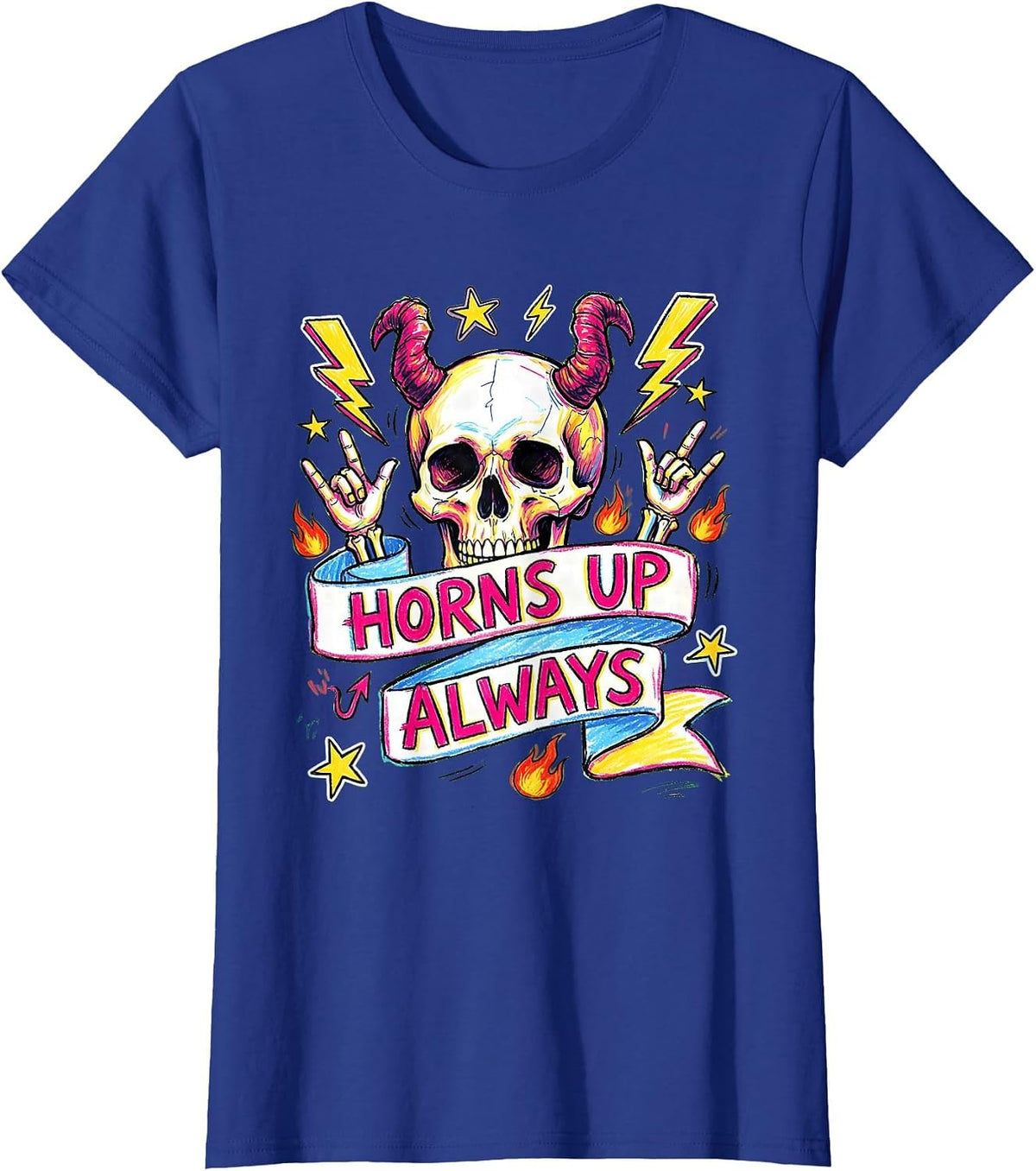 Women's Horns Up Always Heavy Metal Graphic Design T-Shirt - Royal Blue