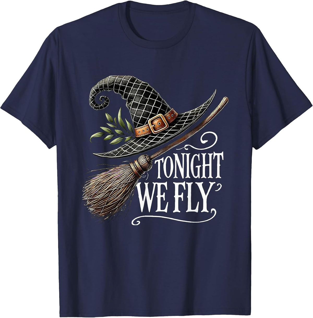 Tonight We Fly Halloween Witch Hat and Broom Salem Witch T-Shirt - Navy Blue
