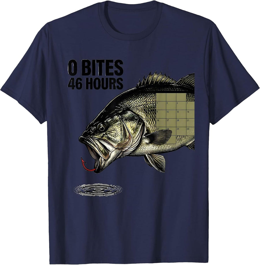 0 Bites 46 Hours Funny Bass Fishing Humor Fisherman Gift T-Shirt - Navy Blue