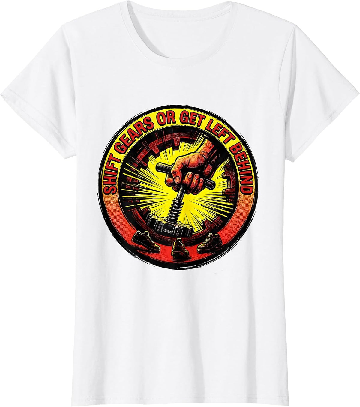 Shift Gears Or Get Left Behind Comic Book Car Guy Stick T-Shirt - White
