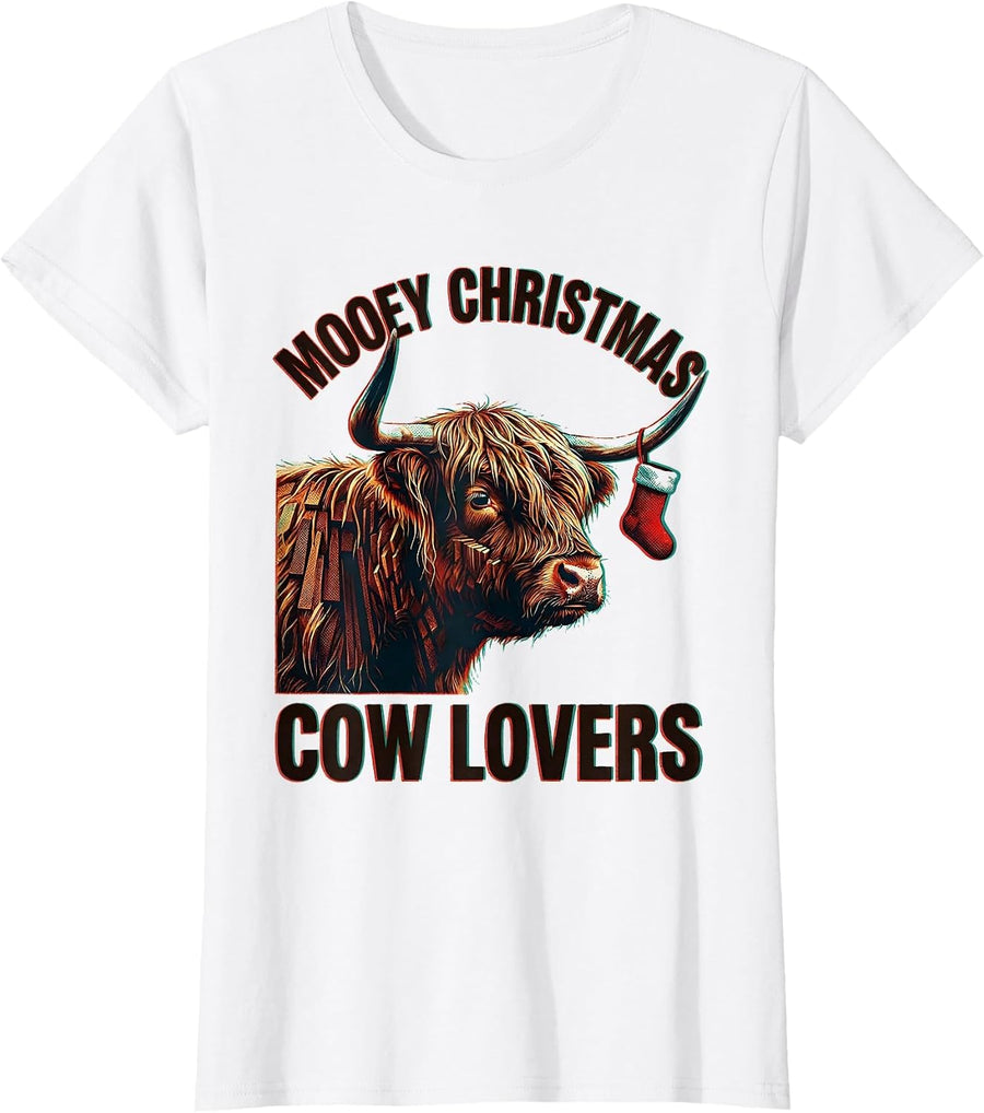 Women's Mooey Christmas Cow Lovers Highland Cow Holiday Costume T-Shirt - White
