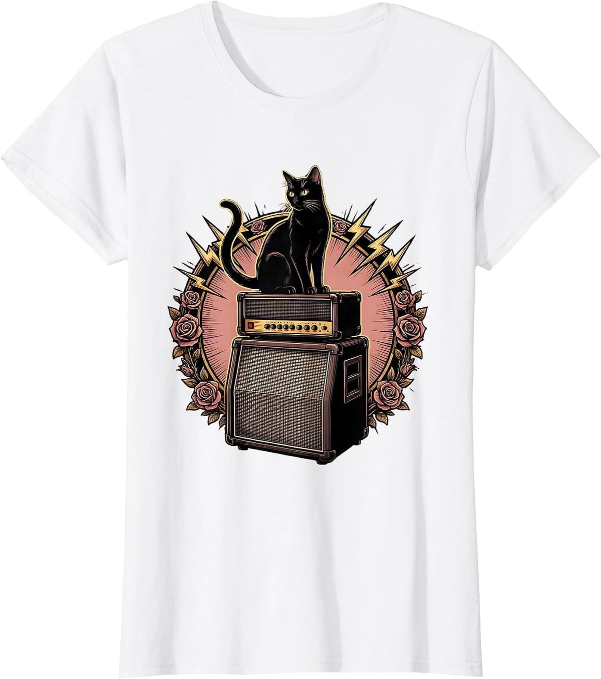 Black Cat Silhouette on Amp Stack Rock Art T-Shirt - White