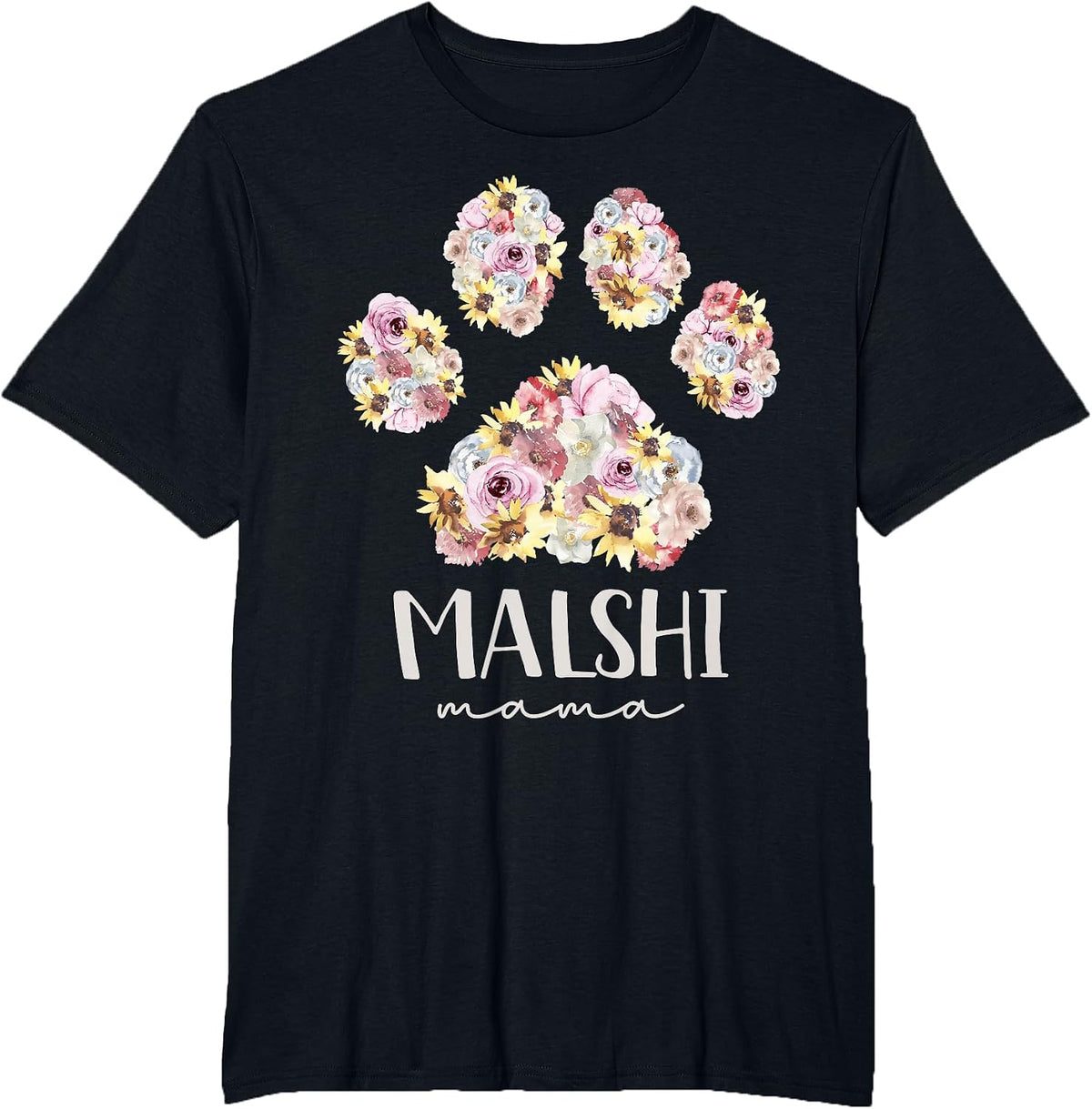 Malshi Mama Maltese Shih Tzu Floral Paw Dog Mom T-Shirt - Black