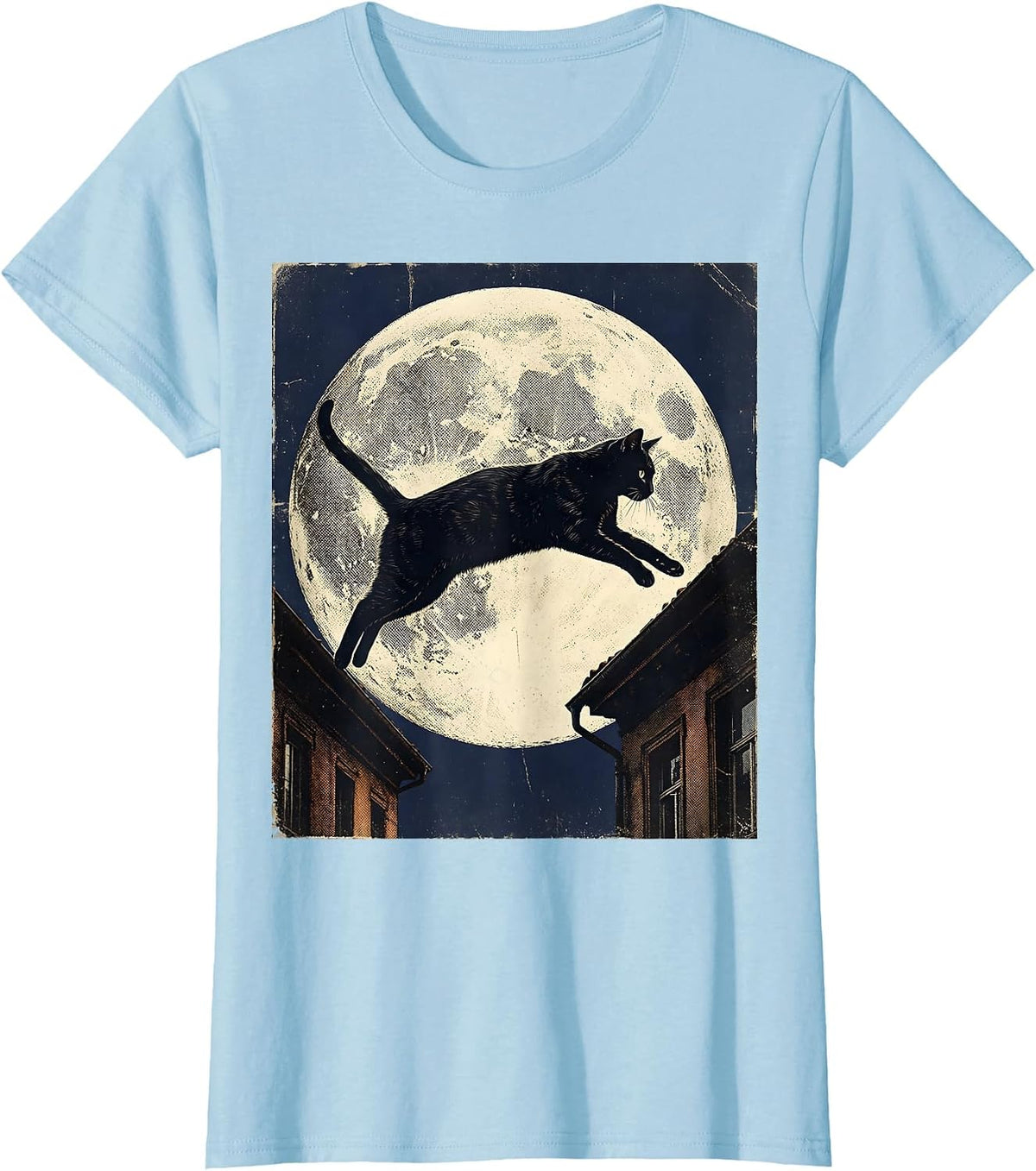 Midnight Rooftop Leap Cat Illustration T-Shirt - Baby Blue