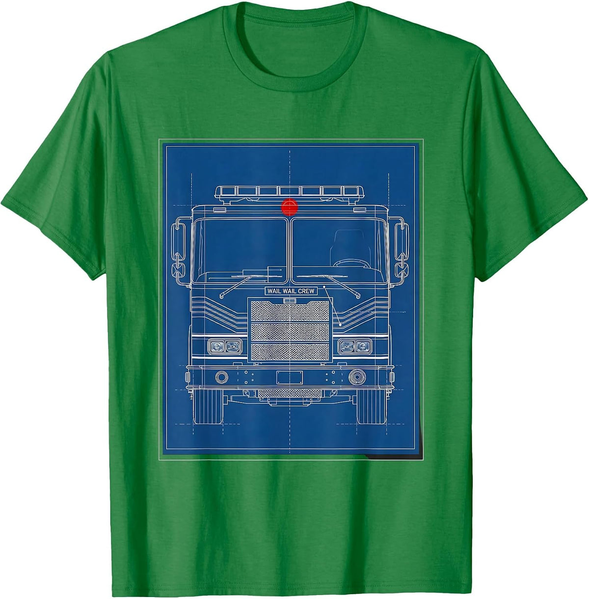 Men's Wail Wail Crew Technical Blueprint Firefighter Humor T-Shirt - Kelly Green