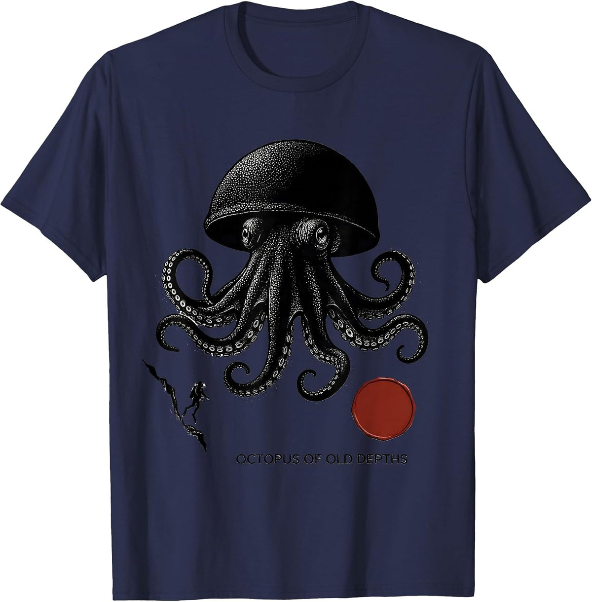Octopus of Old Depths Blackwork Dotwork Ocean Animal Lover T-Shirt - Navy Blue