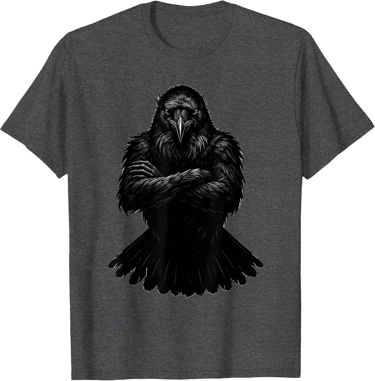 Men's Fawk Off Crow Crossed Wings Scowling Bird Design T-Shirt - Dark Heather Grey