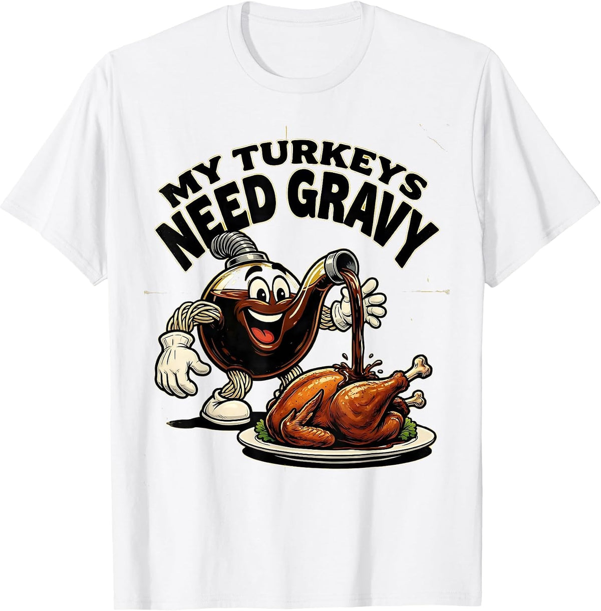 Men's My Turkeys Need Gravy Retro Cartoon Funny Thanksgiving T-Shirt - White
